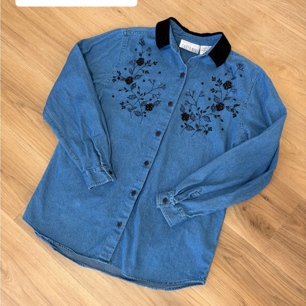 Vintage Casey & Max Denim Shirt with Black Floral Embroidery